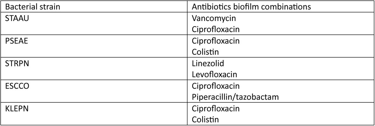 Bacterial strain and antibiotic biofilm combinations