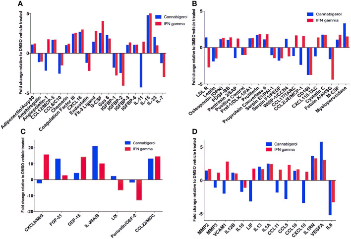Fold change of cytokine production in Metastatic Carcinomas treated with cannabigerol or in supernatant upon treatment of 0.00875 mg/mL cannabigerol (0.05529 μmol) and 0.1ug/mL (100ng/mL) (5.832x10-6 nmol) IFN-γ relative to DMSO (vehicle)-treated metastatic A9 cells. (A–C) Fold change of cytokines present on microarray (D) Cytokines implicated in the IL4, 10, and 13 pathways. Data was determined using Proteome Profiler Mouse XL cytokine array kit and Image J protein analyzer add-on. Pathway analysis was determined using Reactome Database release 65, Pathway Brower Version 3.5.9.