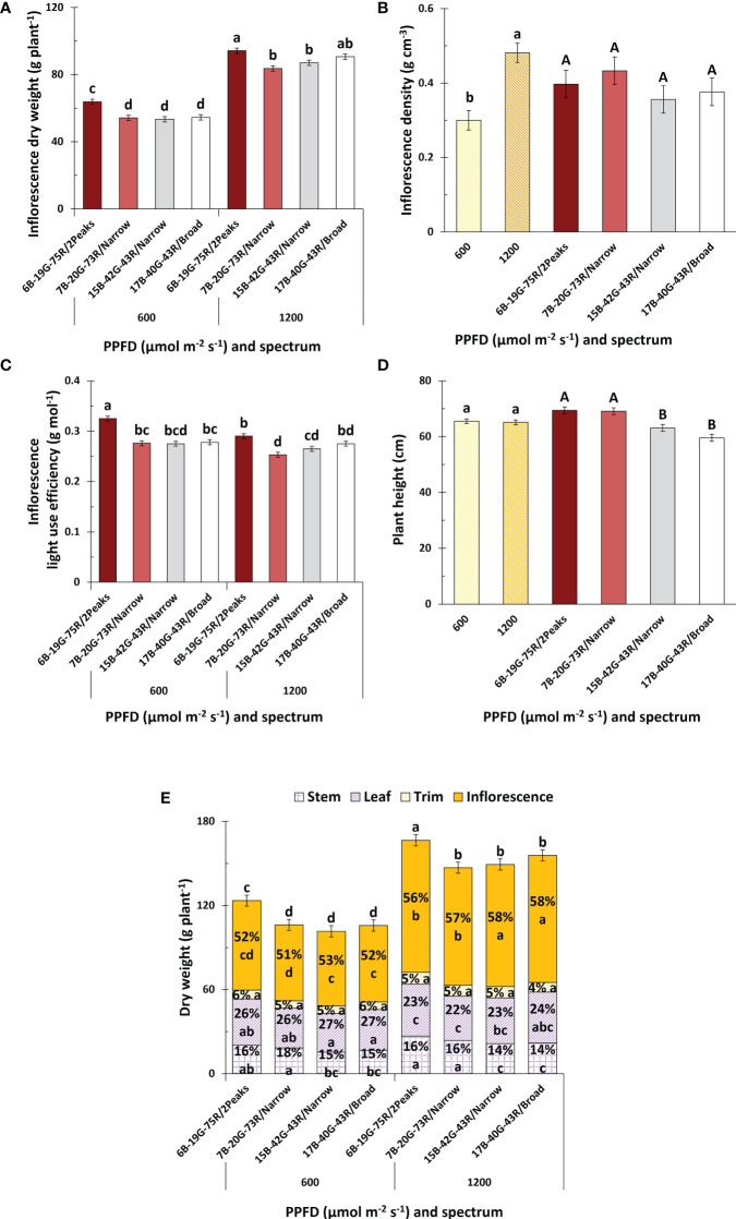 Effects of spectrum and PPFD on yield and light use efficiency of Cannabis sativa. (A) inflorescence dry weight; (B) inflorescence density; (C) inflorescence light use efficiency; (D) plant height; (E) and plant dry weight and partitioning. Bars indicate means of two blocks (n = 2) each consisting of 9 replicate plants. Main effects are shown when no interaction is found. Error bars represent standard error of means (SEM). Different letters (within lowercase and uppercase) indicate significant differences between treatments (Fisher’s unprotected LSD test, P = 0.10).