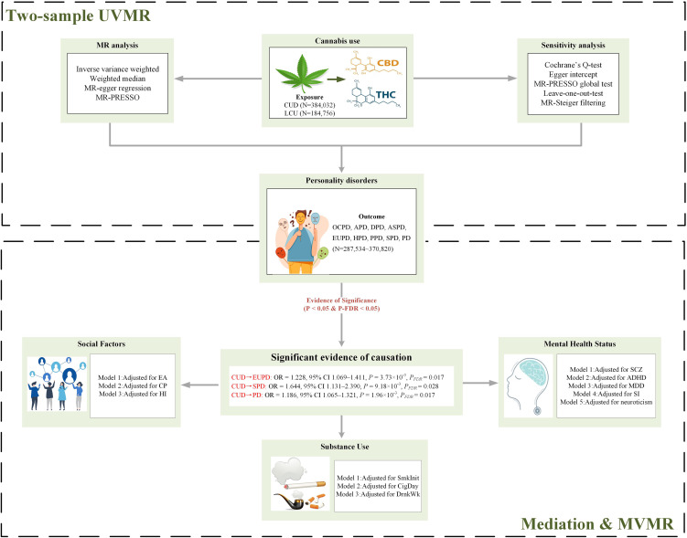 Flowchart of Mendelian randomization analysis. PD, personality disorders; OCPD, anankastic (obsessive–compulsive) personality disorder; APD, anxious personality disorder; DPD, dependent personality disorder; ASPD, antisocial personality disorder; EUPD, emotionally unstable personality disorder; HPD, histrionic personality disorder; PPD, paranoid personality disorder; SPD, schizoid personality disorder; CUD, cannabis use disorder; LCU, lifetime cannabis use; SCZ, schizophrenia; ADHD, attention deficit hyperactivity disorder; CigDay, cigarettes per day; SmkInit, smoking initiation; DrnkWk, alcoholic drinks per week; EA, education attainment; CP, cognitive performance; HI, household income; SI, social Isolation; MDD, major depressive disorder; MR, Mendelian randomization; MVMR, multivariable MR; UVMR, univariable MR; THC, Δ-9 tetrahydrocannabinol; CBD, cannabidiol; FDR, false discovery rate; MR-PRESSO, MR Pleiotropy Residual Sum and Outlier.