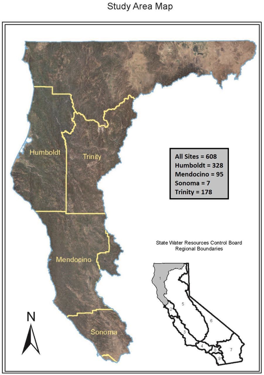 Study Area Map.The North Coast Region of California contains additional counties besides Humboldt, Trinity, Mendocino, and Sonoma; however, enrollments in the NCRWQCB Cannabis Program, and thus data included in the current study, were limited to these counties.