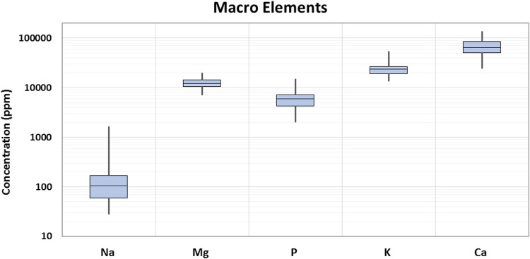 Box plot of macro elements’ concentration in cannabis samples.