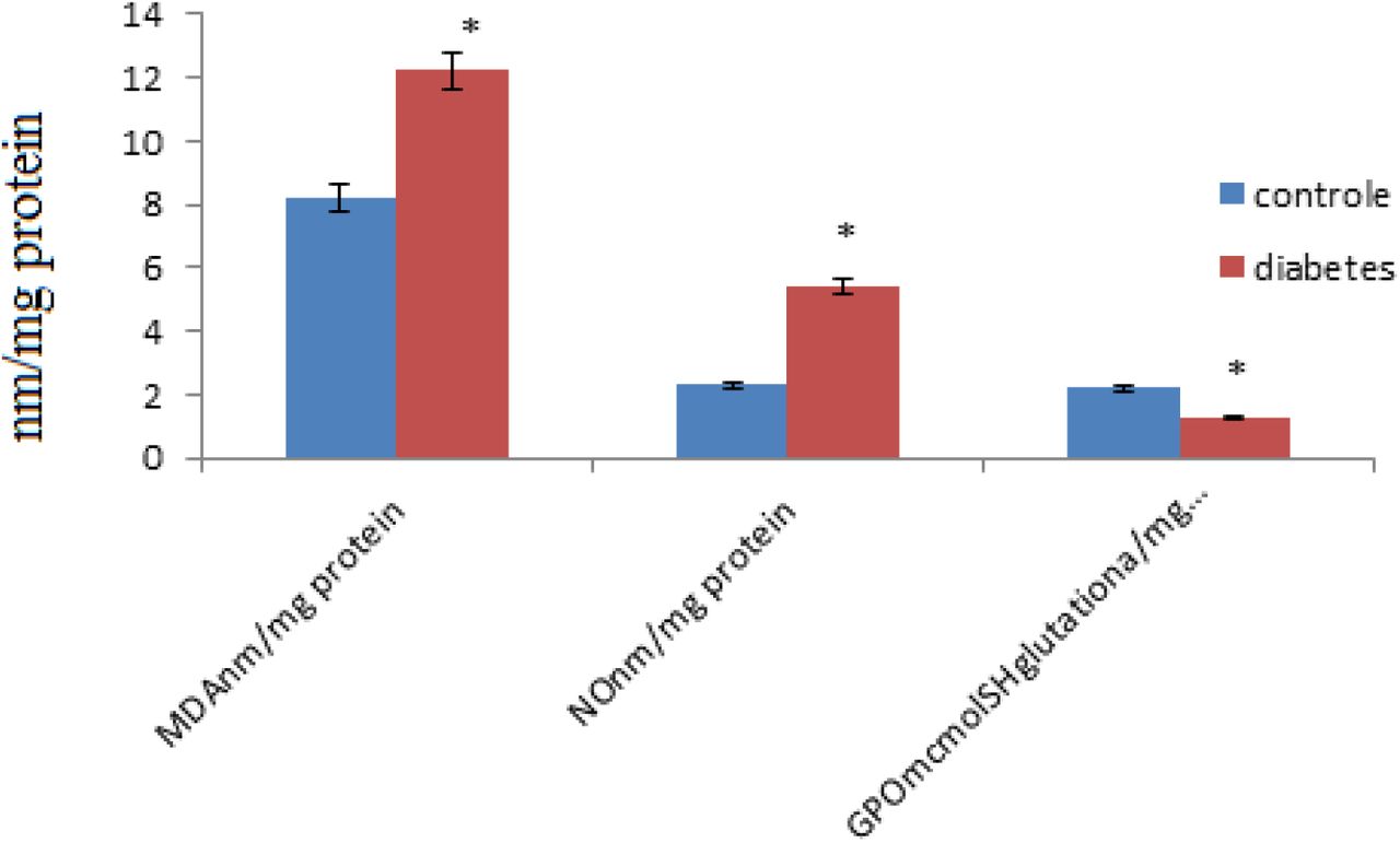 Nitric oxide content in blood plasma (μmol/g of protein), gluthatione peroxidase activity (μmol SH of gluthatione / mg of protein) and products of lipid peroxidation MDA (nmol/g of protein), in the mitochondrial fraction of pancreas in normal state and at alloxan diabet (n=15)Note: * - the difference from the control is significant when P<0.05