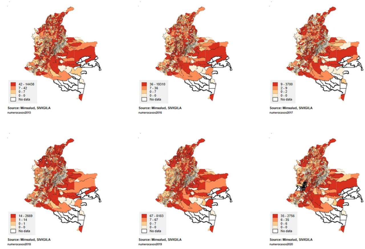 Spatial distribution of reported cases of dengue fever in the study period