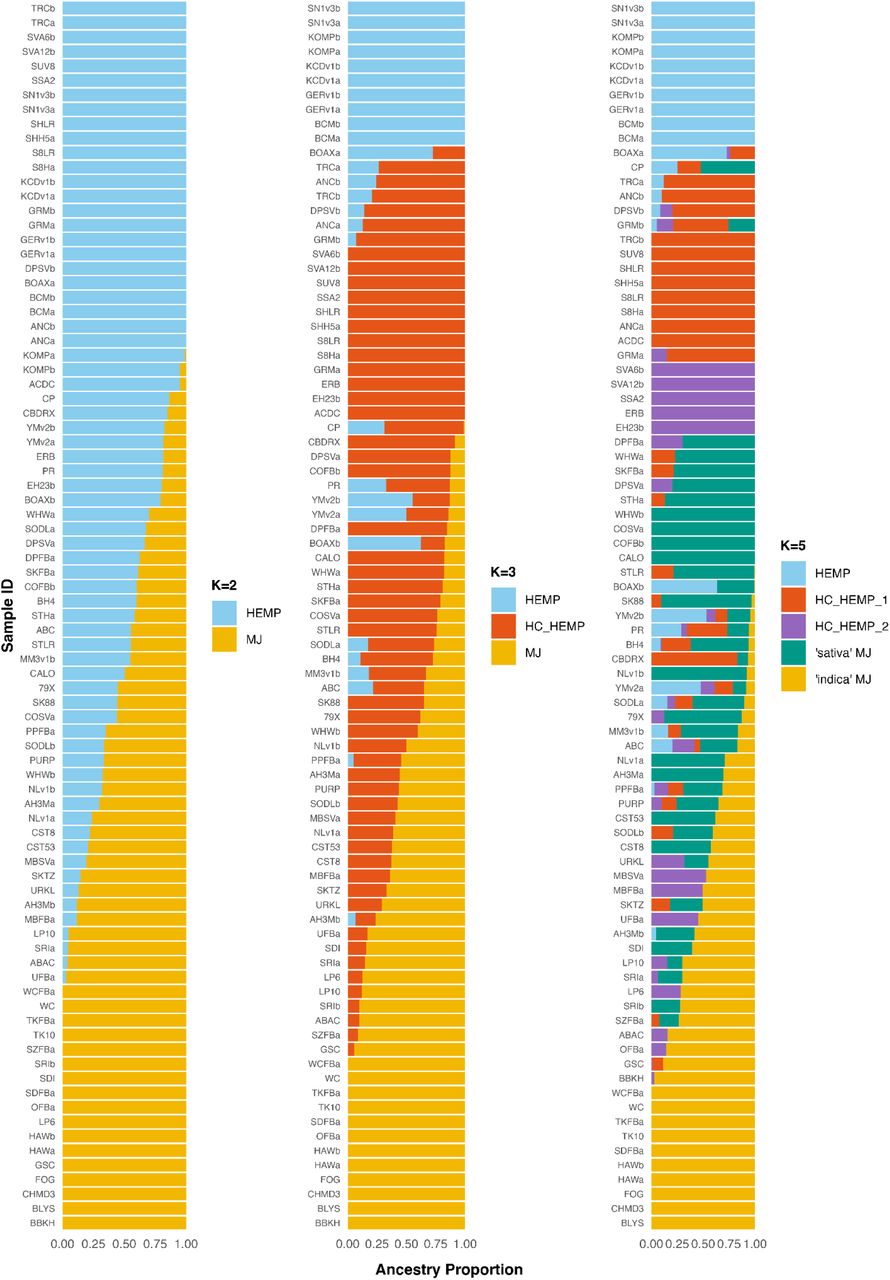 ADMIXTURE plots with k of 2, 3, or 5.