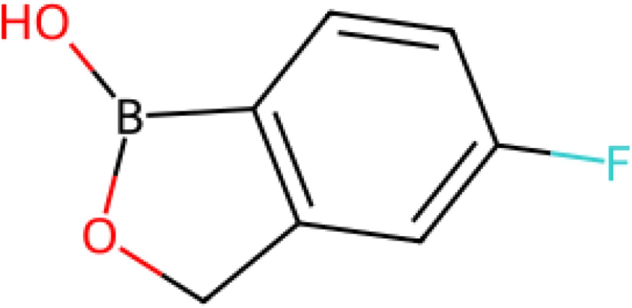 Chemical structure of Tavaborole also sold under the brand name Kerydin (AN2690). Systematic name: 5-fluoro-1,3-dihydro-1-hydroxy-2,1-benzoxaborole, chemical formula C7H6BFO2. Diagram generated using open-source cheminformatics tool RDKit.