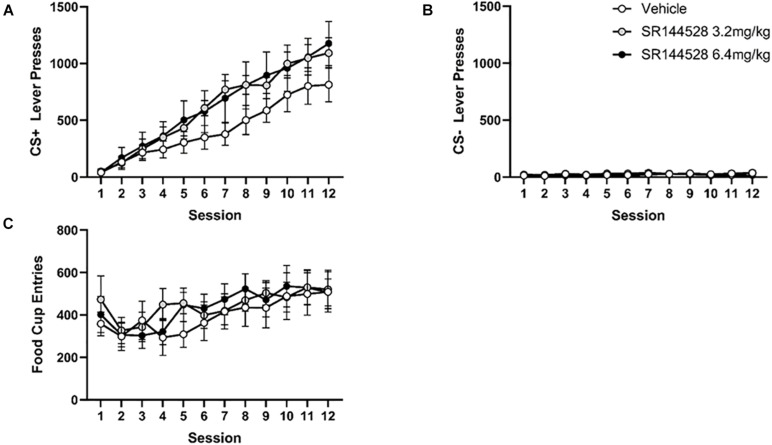 Antagonism/inverse agonism of CB2R during adolescence does not impact instrumental learning in adulthood. (A) Mean CS+ lever presses. (B) Mean CS– lever presses. (C) Mean cumulative food cup entries. Data presented as mean ± SEM.
