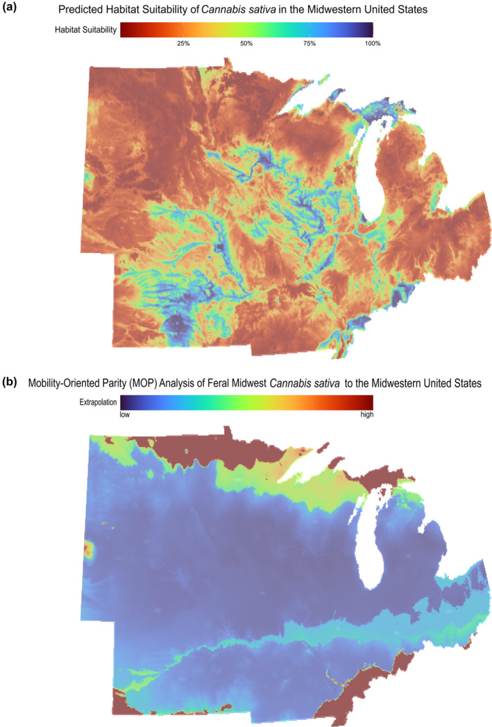 (a) Abiotic suitability heatmap for Cannabis sativa in the Midwestern United States. Areas in blue represent high abiotic suitability, and areas in red represent low abiotic suitability. (b) Mobility‐oriented Parity Analysis of the Calibration Region to the Entire Midwestern United States. Areas in blue and green represent low extrapolation, and areas in orange and red represent high extrapolation.
