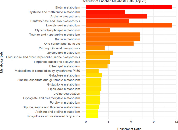 Metabolic pathways associated with the 43 metabolites that have a VIP score above 1.