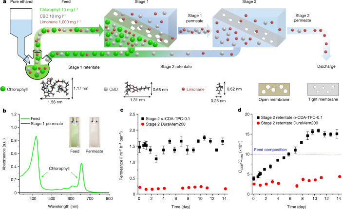 Separation of CBD by using ultrathin polyamide nanofilms incorporating aligned macrocycle pores.a, Schematic demonstrating the cascade membrane process for enriching CBD from a synthetic quaternary feed containing limonene, CBD and chlorophyll in ethanol, where Stage 1 separates chlorophyll from the mixture using an open membrane and Stage 2 enriches CBD using a tight membrane. The process was carried out in a continuous crossflow system under 10 bar transmembrane pressure. b, UV–vis absorption spectra of chlorophyll in the feed and permeate from Stage 1 for an open membrane incorporating aligned large macrocycle pores (γ-CDA-TPC-0.1). The inset shows photographs of feed and permeate. c, Ethanol permeance over time for nanofilms incorporating aligned small macrocycle pores (α-CDA-TPC-0.1) and commercial standard membrane DuraMem200 used for enriching CBD. d, The concentration of CBD (CCBD) against the concentration of all solutes (CTotal) in Stage 2 retentate over time for aligned macrocycle membranes (α-CDA-TPC-0.1) versus commercial membranes. The error bars represent reproducible experiments for at least three independent membrane samples.