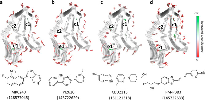 Docking profiles of tracers on CBD tau. The entry site and core sites 1 and 2 are abbreviated as e1, c1, and c2, respectively. The tracer at each site is colored according to the docking score. The tracer structures are shown. PubChem compound identifer (CID) of each tracer is shown in parentheses.