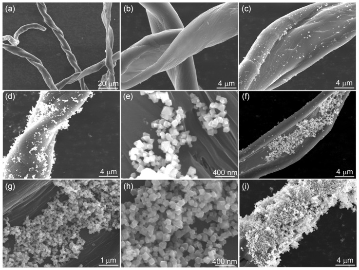 SEM images of the synthesized samples: (a,b) CCF, (c) NiFe2O4/CCF-1, (d,e) NiFe2O4/CCF-2, (f–h) NiFe2O4/CCF-3, and (i) NiFe2O4/CCF-4.