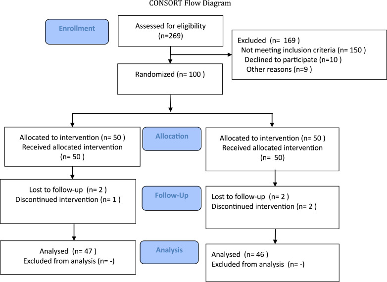 Illustrates the randomization process used to allocate subjects to the experimental and control groups in a 1:1 ratio in a clinical trial, using the CONSORT flow diagram.