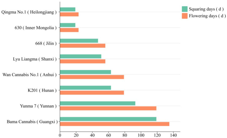 Variation in days to flowering among representative Chinese hemp germplasm accessions under short-day conditions. Note: The data are compiled from Li [64]. Among them, 668 and Lyu Liangma are photoperiod-insensitive, while the others are photoperiod-sensitive.