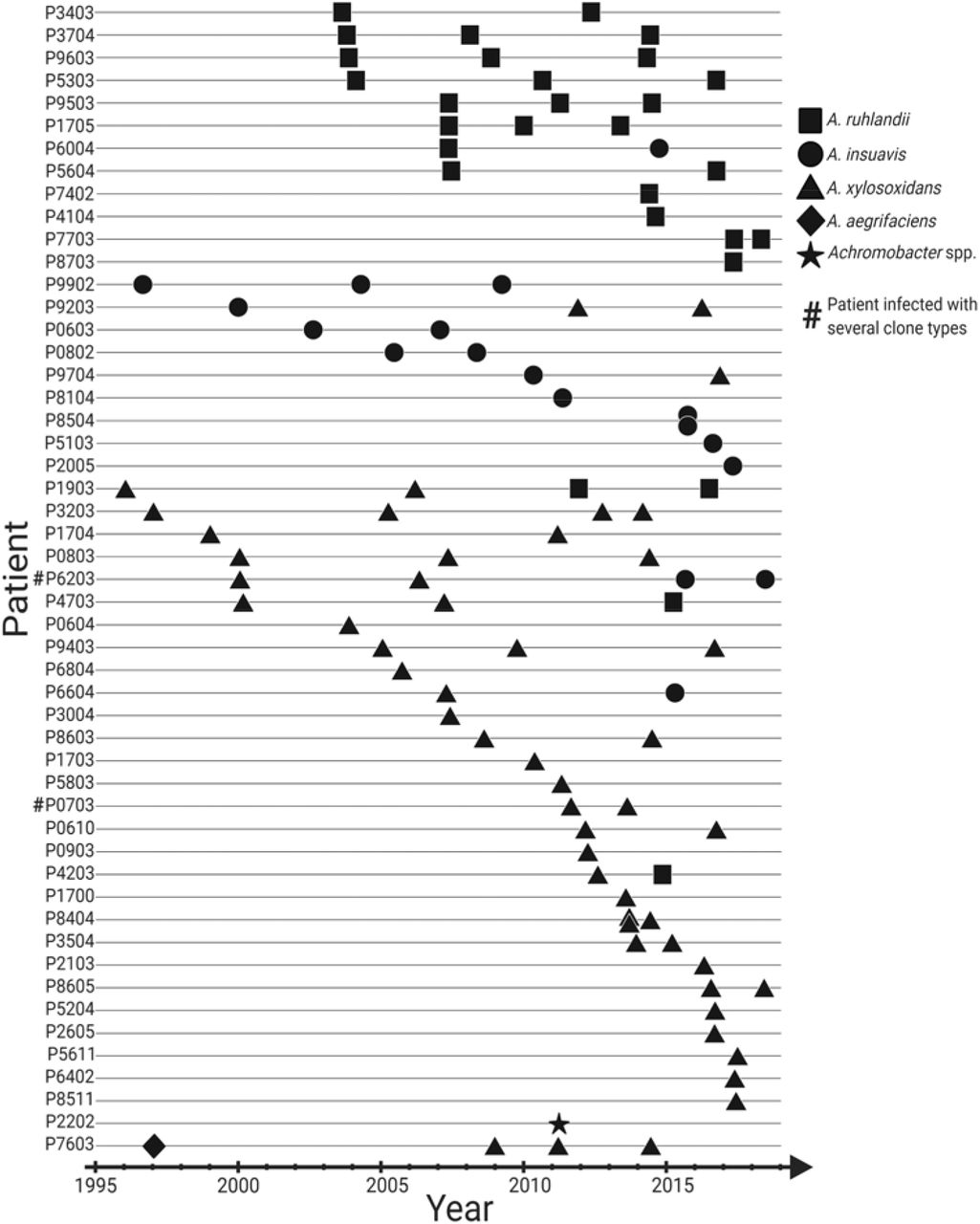 Overview of 101 longitudinally collected Achromobacter isolates from patients with CF.