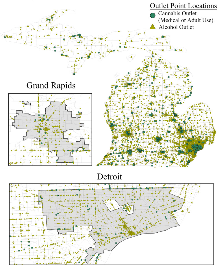 Point locations of cannabis and alcohol outlets in Michigan, 2023 Q4.