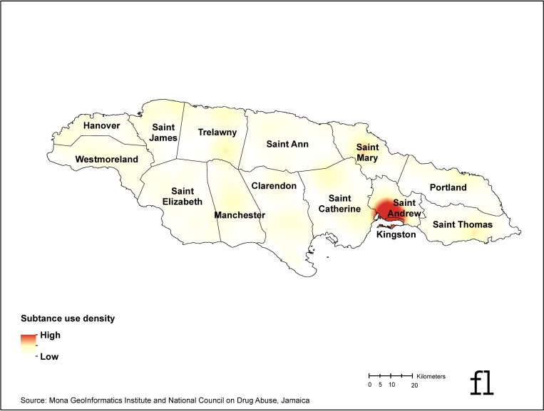 Current substance use density map, Jamaica 2016.Geographic data source: Mona GIS, Jamaica. Published under a CC BY license, with permission from Mona GeoInformatics Institute, original copyright 2019.
