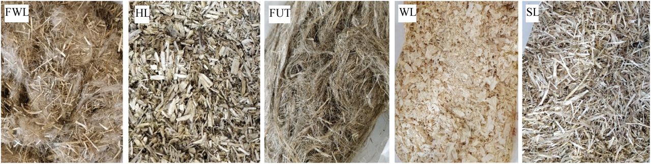 Fibre types loose flax waste (FWL), loose hemp (HL), flax untreated tow (FUT), loose wood (WL), loose straw (SL).