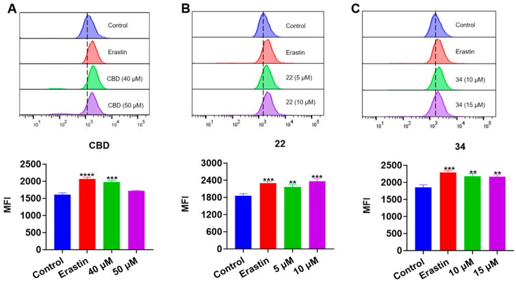 Evaluations of lipid peroxidation in B16F10 cells exposed to erastin, CBD, 22, and 34. Plots of a flow cytometry assay with the Liperfluo staining reagent showing the lipid peroxide levels (upper panel; data are shown as the FITC values) and quantitative analysis of the mean fluorescence intensity (lower panel; data are expressed as the mean ± SD MFI values) in B16F10 cells exposed to CBD, 22, and 34 (A–C). Significance was defined as ** p < 0.01, *** p < 0.001, and **** p < 0.0001 when compared to the control group.