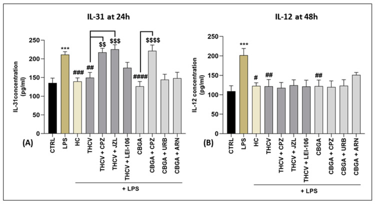 Release of IL-31 at 24 h and IL-12 at 48 h into HaCaT cells medium. (A) IL-31 and (B) IL-12 expression (pg/mL) in HaCaT cells following 24 h and 48 h treatment with LPS at 5 µg/mL in the presence of HC at 10 µM, including each pCB (THCV at 9.3 µM and CBGA at 13.0 µM) or selected eCB system antagonists and inhibitors (CPZ, 5.0 μM; JZL184, 10.0 μM; LEI-106, 10.0 μM; URB597, 1.0 μM; ARN19874, 33.7 μM). Data are presented as means ± SEM of three independent experiments (n = 3). Statistical analysis was performed using a one-way ANOVA test followed by a Bonferroni post hoc test. (*** p < 0.001 vs. CTRL; # p < 0.05, ## p < 0.01, ### p < 0.001, #### p < 0.0001 vs. LPS; $$ p < 0.01, $$$ p < 0.001, $$$$ p < 0.0001 vs. the respective pCBs: THCV and CBGA).