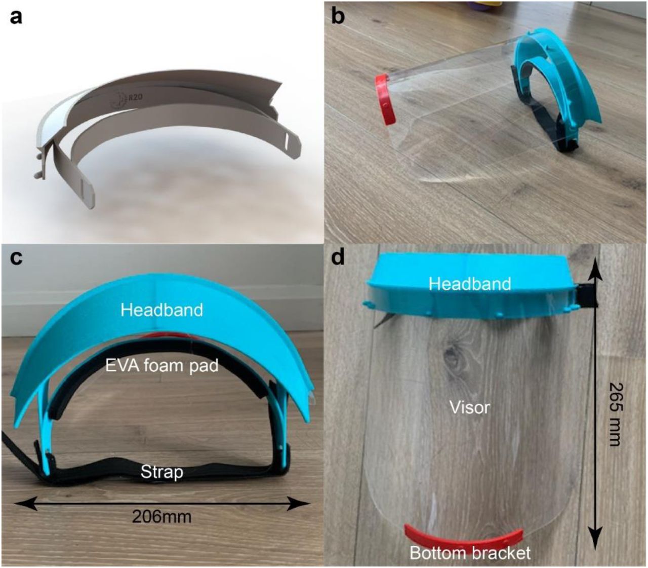 A) Headband CAD image B) final face shield prototype C) headband, foam pad, and strap image with dimensions D) headband, visor, and bottom bracket image with dimensions.