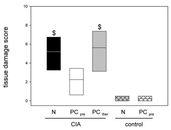 Histological changes in the knee joints of animals with collagen-induced arthritis. Semiquantitative scoring of the histological changes in the knee joints of the animals with collagen-induced arthritis (CIA) and either the normal diet (N) or the phosphatidylcholine-enriched diet, starting either with the CIA induction (PCpre) or with the clinical onset of the disease (PCther). For the induction of CIA, animals were immunized twice with collagen II and complete Freund's adjuvant/incomplete Freund's adjuvant. Three weeks after the second immunization, the knee joints were removed, decalcified, sectioned and stained, as described in Materials and methods. Values given as medians with the 25th and 75th percentiles. $P < 0.05 versus N/control.