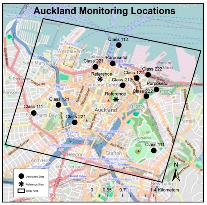 Distributed sampling sites across the study area. Classifications are, in order, traffic (1 = low, 2 = high), diesel (1 = low, 2 = high), and distance to port (1 = far, 2 = near).