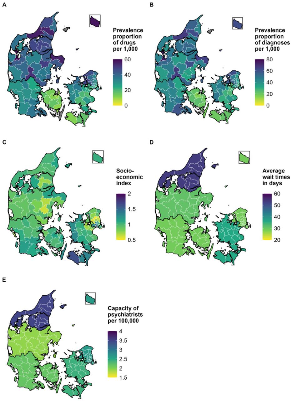 Prevalence of ADHD medication use and ADHD diagnoses among children and adolescents aged 4-17 years in Denmark, 2024.(A) Municipal prevalence of ADHD medication use in 2024 defined as ≥1 redeemed prescription for methylphenidate (N06BA04), atomoxetine (N06BA09), dexamphetamine (N06BA02), lisdexamphetamine (N06BA12), or guanfacine (C02AC02), per 1,000 inhabitants aged 4-17 years.(B) Municipal prevalence of ADHD diagnoses in 2024 defined as ≥1 inpatient or outpatient hospital contact in the Danish National Patient Register with ICD-10 F90.x or F98.8, per 1,000 inhabitants aged 4-17 years.(C) Municipal socioeconomic index obtained from the Ministry of the Interior and Health (values >1 indicate higher-than-average needs).(D) Regional waiting times as the mean days from completed diagnostic workup or referral to treatment initiation in the 3rd quarter of 2024, obtained from the Danish Health Data Authority.(E) Regional capacity of private practicing psychiatrists with a provider number, expressed as full-time equivalents per 100,000 inhabitants aged 4-17 years.