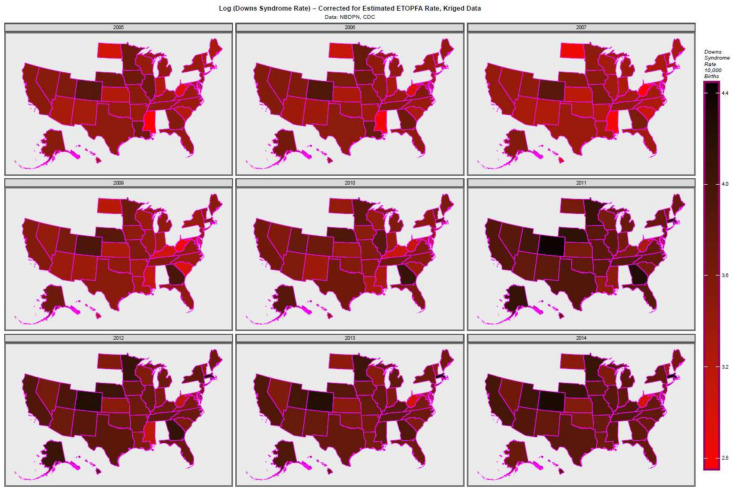 Log of ETOPFA-corrected Down syndrome rates across USA 2005–2014, kriged data.