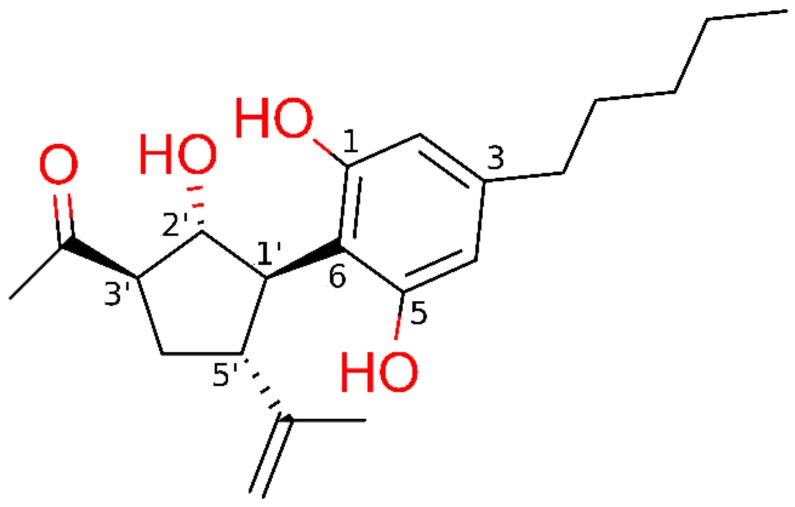 Chemical structure of cannabimovone (CBM) with functional groups colored in red.