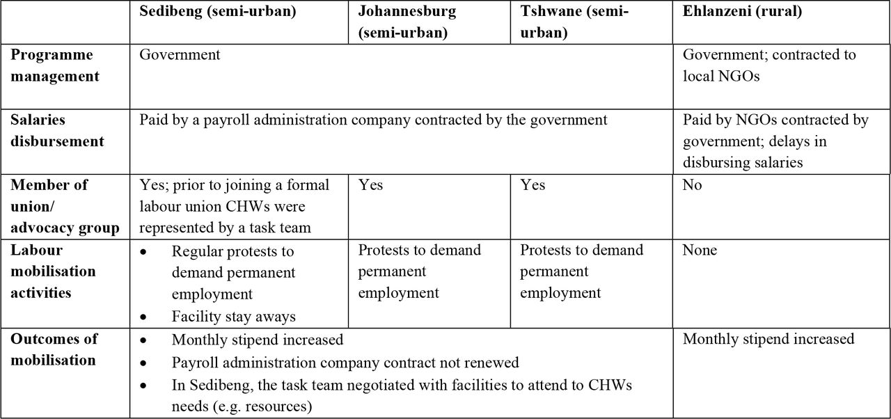 Description of CHW programmes and labour representation