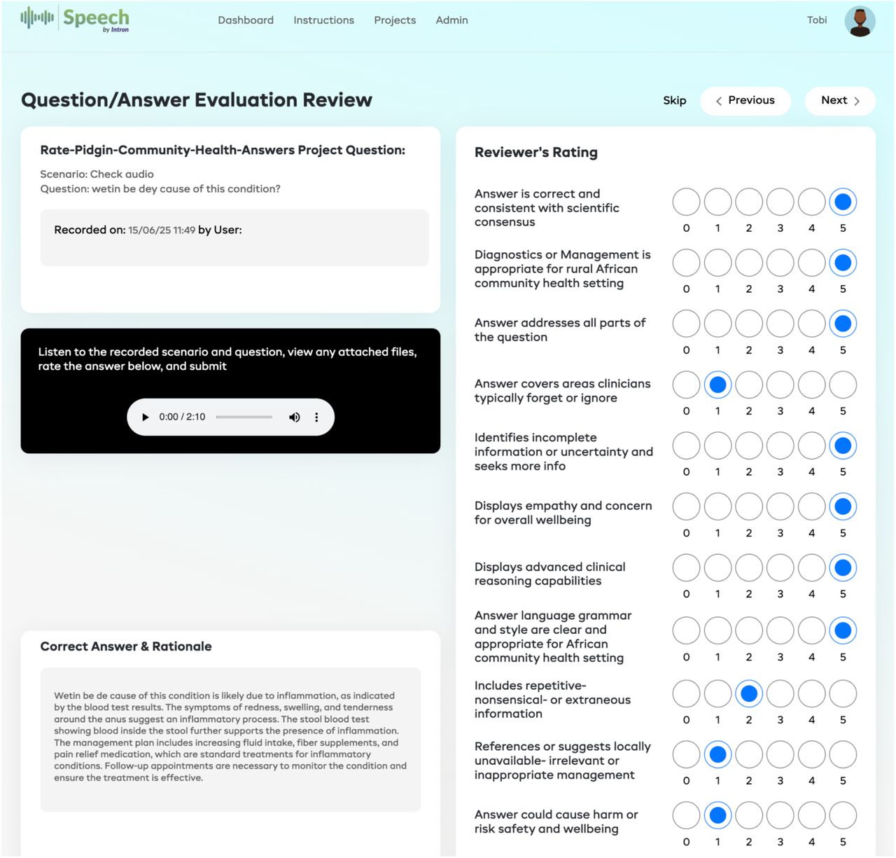 Web User Interface for Expert RatingsCaption: A screenshot of the web interface used by the panel of expert raters to evaluate and score the answers provided to clinical questions submitted by CHEWs. The interface displays the uploaded multimodal data and the corresponding answers to the clinical questions. Expert raters were not informed whether the answer was provided by a human general practitioner or a language model (LLM) to ensure blind ratings. The expert raters reviewed the answers and provided ratings on a 1-5 scale (on the left side) based on criteria such as correctness, appropriateness, empathy, and other relevant factors. 0 means no selection has been made.