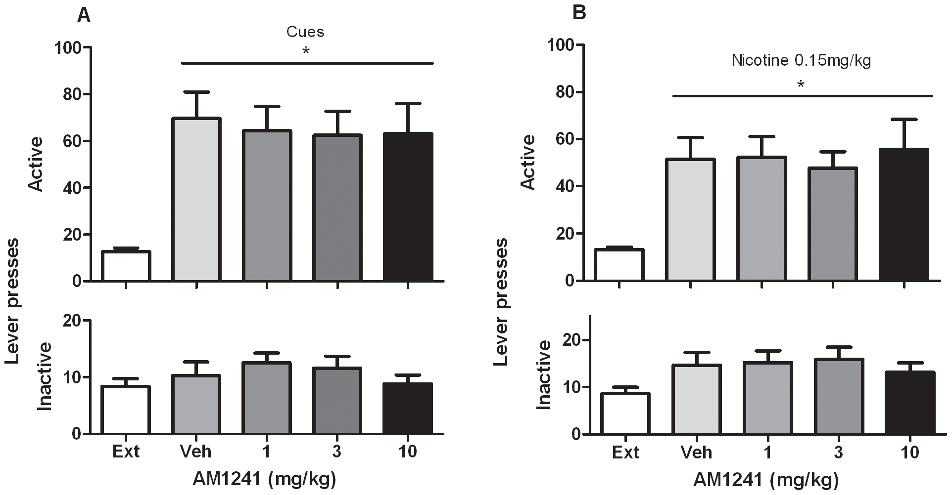 Effects of AM1241 on reinstatement of nicotine-seeking behavior induced by presentation of nicotine associated cues and by Nicotine priming. A. A significant reinstatement of nicotine-seeking behavior was produced by presentation of nicotine associated cues alone compared to extinction condition (Ext) (* P<0.001). ANOVA showed that pretreatment with AM1241 (1, 3 and 10 mg/kg, IP, H 30 min) did not modify cue induced reinstatement of nicotine-seeking behavior compared to vehicle (0 mg/kg) (P>0.05) N = 11. Data are expressed as means (±SEM) of the number of active and inactive lever presses during extinction (Ext); vehicle (0 mg/kg) pre-treatment (visual cues) and after pretreatment with AM121 (1, 3 and 10 mg). B. A significant reinstatement of nicotine-seeking was produced by pretreatment with nicotine (0.15 mg/kg) compared to extinction condition (Ext) (* P<0.001). ANOVA showed that AM1241 (1, 3, 10 mg/kg, IP, H 30 min) did not modify reinstatement of nicotine-seeking behavior induced by a priming injection of 0.15 mg/kg nicotine administered 1 min before the session compared to vehicle (0 mg/kg) pretreatment (P>0.05). Data are expressed as means (±SEM) of the number of active and inactive lever presses during extinction (Ext); vehicle (0 mg/kg) pre-treatment and after pretreatment with AM121 (1, 3 and 10 mg). N = 13.