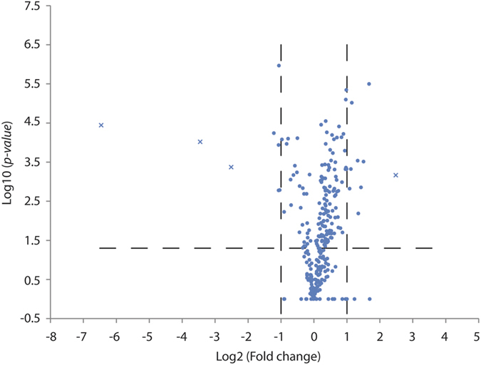 Volcano plot of BMAA-induced protein changes observed by label-free quantitation.The protein expression ratio of BMAA/Control (log2 scale) in label-free quantitation was plotted against the −log10 of the probability calculated by t-test. Proteins with missing values are replaced by random numbers drawn from the normal distribution, and are marked as x in the graph. The dashed lines represent the applied threshold values (p-value ≤ 0.05, Fold change ≥ 2).