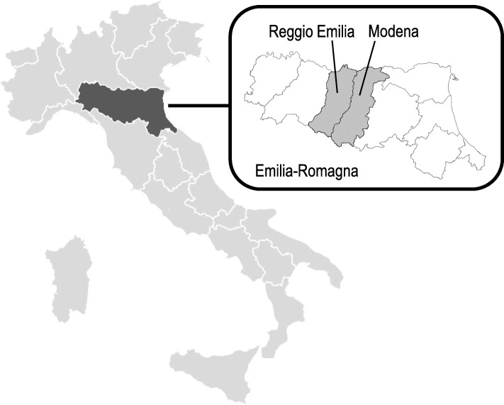 Layout of the studied area (provinces of Modena and Reggio Emilia) within the Emilia-Romagna region