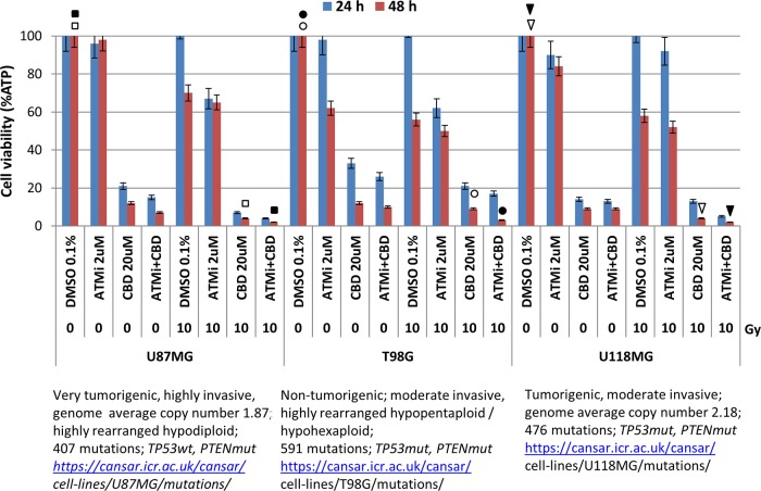 Effects of CBD (20 μM), ATMi (2 μM), and γ-irradiation (10 Gy), alone or in combination on GBM cell viabilityCell viability assay (based on ATP-dependent luminescence intensity 24-48 h after indicated treatments) was performed for three glioblastoma lines after indicated treatments. Pooled results of four independent experiments 24-48 h after treatments are shown. Error bars represent means ±S.D. (p < 0.05, Student's t-test). Arrows, circles, and squares (open and black) indicate significant differences in cell viability after specified treatments.