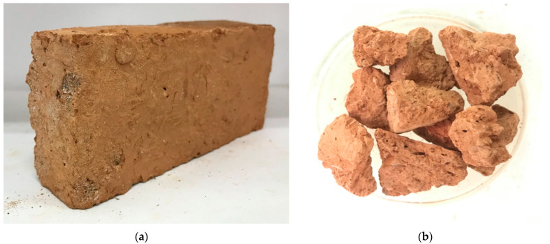(a) Fired-clay solid brick; (b) aggregate obtained from fired-clay solid bricks.