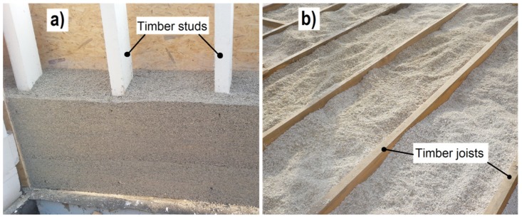 A timber frame wall (a) and floor of the joist construction (b) filled with a hemp–lime mixture.
