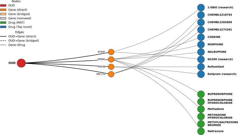 Knowledge graph drug repurposing results for OUD.The graph connects OUD (red) to GWAS/meta-analysis prioritized genes (orange; including direct seeds and pathway-bridged genes) and to drugs via curated gene–drug target relationships. Green nodes indicate established medication-assisted treatments (MAT/MOUD) for OUD; blue nodes indicate non-MAT drugs prioritized by Personalized PageRank starting from the OUD node. Recovery of known MAT/MOUD drugs provides face validity. Non-MAT candidates cluster around mechanistic axes such as opioid receptor signaling (OPRM1-linked), PDE4/cAMP signaling (PDE4B-linked), and ion-channel modulation (KCNN1-linked), suggesting hypotheses for adjunctive or alternative therapeutic exploration. Duplicate drug entries reflect ingredient versus salt forms in source databases.