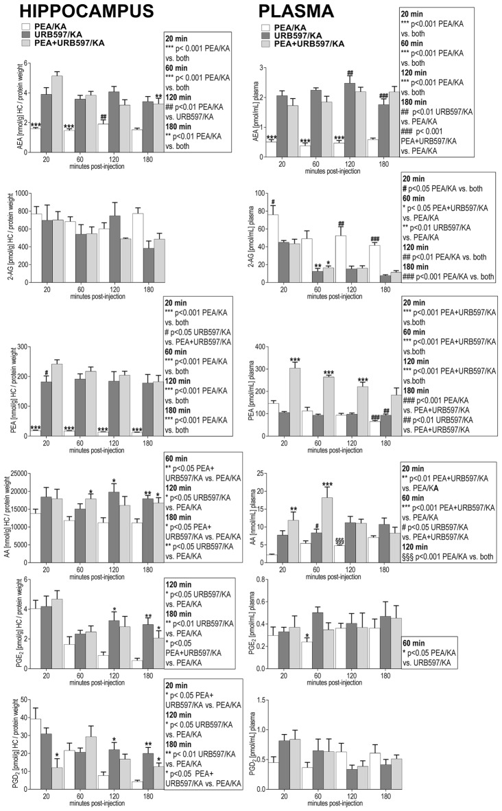 Impact of URB597 treatment on temporal dynamics of hippocampal and plasma lipid levels in KA induced epilepsy mouse model. AEA, 2-AG, PEA, AA, PGE2 and PGD2 were comparatively analyzed in URB597-treated mice (URB597/KA) vs. combined, PEA- and URB597-treated (PEA+URB597/KA), and acute PEA-treated (PEA/KA) mice at 20, 60, 120, 180 min post KA injection, respectively. Error bars indicate SEM and asterisks in the figures indicate significant differences, *P < 0.05, **P < 0.01, ***P < 0.001.
