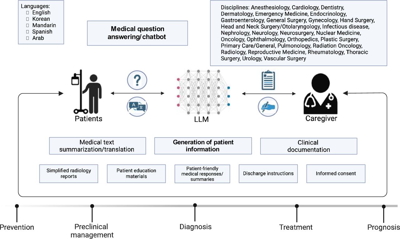 Schematic illustration of the identified concepts for the application of large language models (LLMs) in patient care.