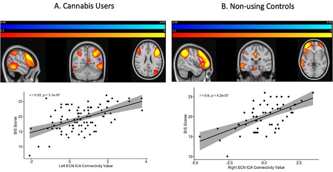 Correlation between behavioral inhibition scale scores and ECN rsFC in (A) cannabis users and (B) non-using controls.