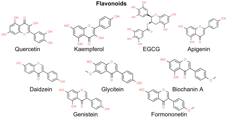 Chemical structures of selected flavonoids showing an anti-NMSC effect. EGCG—epigallocatechin gallate.