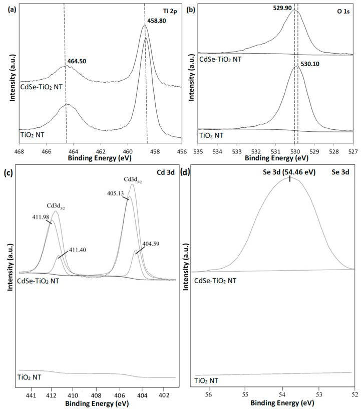 High-resolution XPS spectra of (a) Ti 2p, (b) O 1s, (c) Cd 3d, and (d) Se 3d of pure TiO2 nanotube thin films and CdSe–TiO2 nanotube thin films.