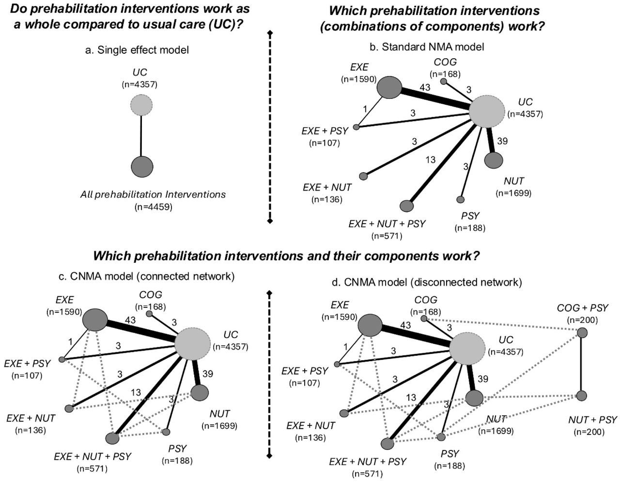 Network diagrams depicting different research questions on the prevention of post-operative complications. Nodes represent different combinations of components evaluated within each model and edges depicting studies comparing the different combinations of components they connect. Thickness of solid lines is proportional to the number of studies included in the group comparison, and node size is proportional to the number of patients included in the underlying group. Dashed lines represent joints added by component network meta-analysis model between different combinations of components sharing common components.