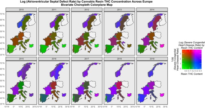Bivariate colorplane sequential map-graphs of log (rates of AVSD) by cannabis resin THC concentration across selected European countries over time, 2010–2019