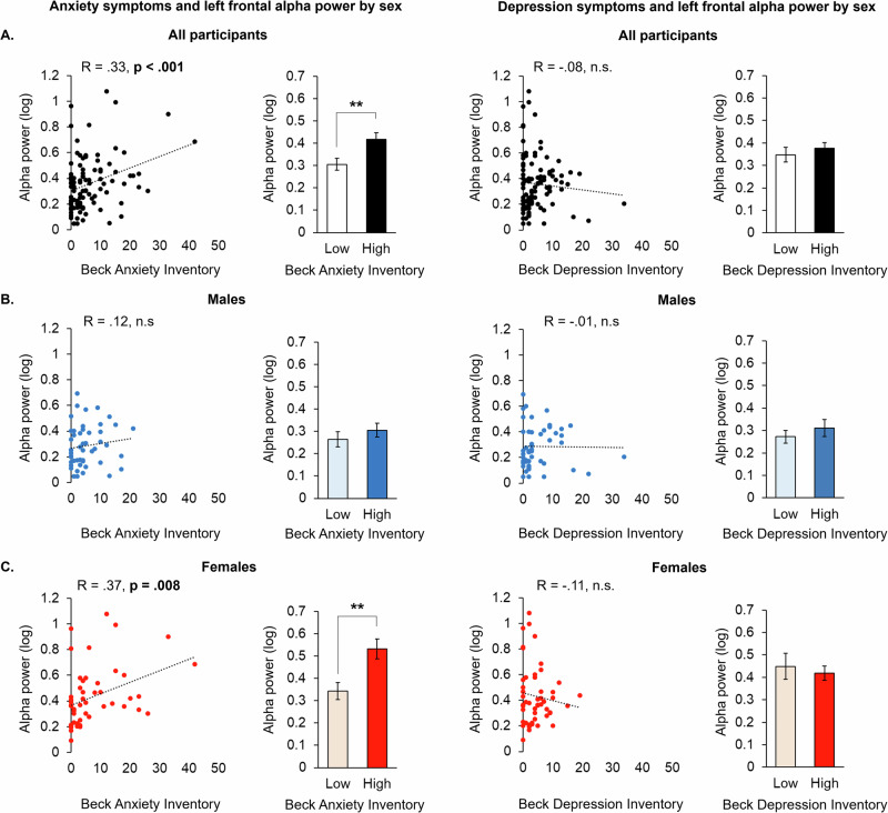 Left frontal alpha power increases as a function of past month anxiety in a sex-dependent manner.Scatter plots and median split bar graphs of data from all (A) male (B) and female (C) participants showing associations between alpha power under the AF7 sensor relative to scores on the Beck Anxiety Inventory and Beck Depression Inventory (n = 100; **p < 0.01).