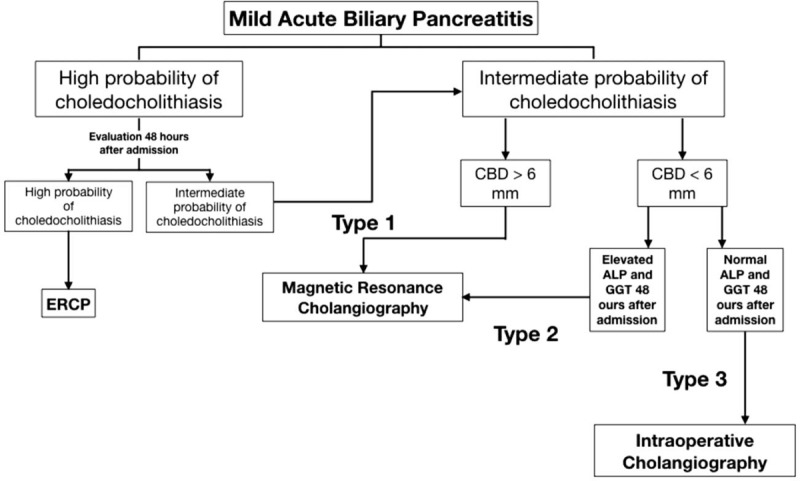 Classification of the type of patients. Type 1: intermediate probability of choledocholithiasis with CBD >6 mm. Type 2: intermediate probability of choledocholithiasis with CBD <6 mm with elevation GGT or ALP 48 hours after admission. Type 3: intermediate probability of choledocholithiasis with CBD <6 mm with normal GGT or ALP 48 hours after admission. MRC was performed in type 1 and 2 patients (group 1); IOC was done in type 3 patients (group 2). ALP = alkaline phosphatase, CBD = common bile duct, GGT = gamma-glutamyltransferase.