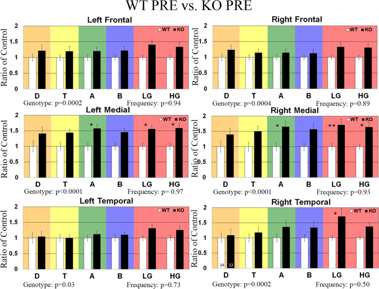 Effects of JZL-184 treatment on resting EEG baseline in non-injected WT and Fmr1 KO mice. Graphs show average spectral power for EEG resting baseline in left/right frontal, medial, and temporal regions of WT (N = 24) and Fmr1 KO (N = 22) mice prior to treatment (PRE). Statistical analysis was performed using the two-way ANOVA for all comparisons. Values represent means per group and error bars represent the standard error of the mean (SEM). *p < 0.05, **p < 0.01, ***p < 0.001, ****p < 0.0001. Abbreviations: D, delta; T, theta; A, alpha; B, beta; LG, low gamma; HG, high gamma