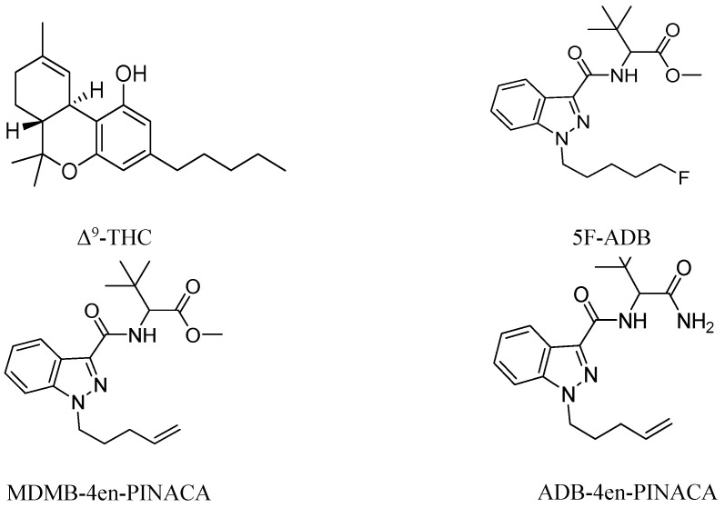 Chemical structures of Δ9-THC, 5F-ADB, MDMB-4en-PINACA and ADB-4en-PINACA evaluated in the present study.